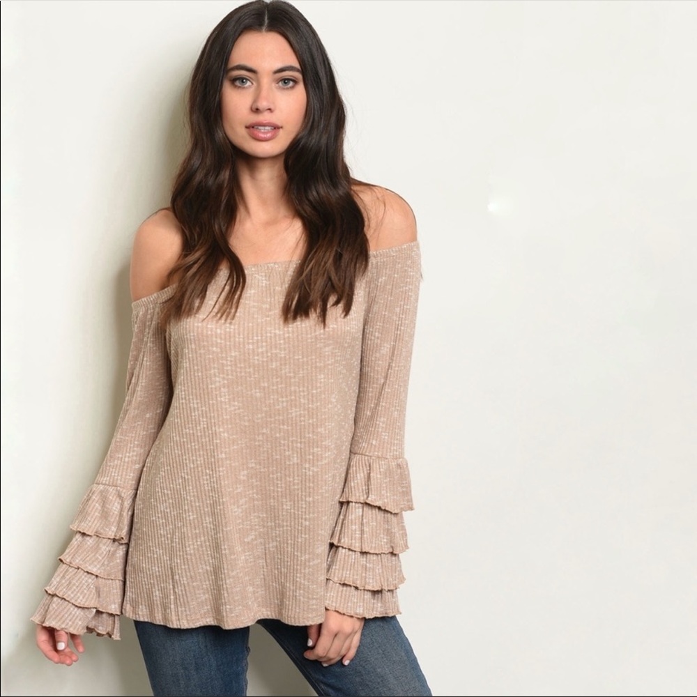 Taupe Off Shoulder Ribbed Top - Picture 2 of 3